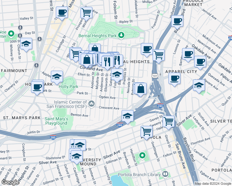 map of restaurants, bars, coffee shops, grocery stores, and more near 4021 Folsom Street in San Francisco