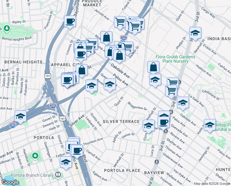 map of restaurants, bars, coffee shops, grocery stores, and more near Silver Avenue & Revere Avenue in San Francisco