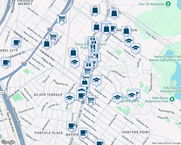 map of restaurants, bars, coffee shops, grocery stores, and more near 3rd St & McKinnon Ave in San Francisco