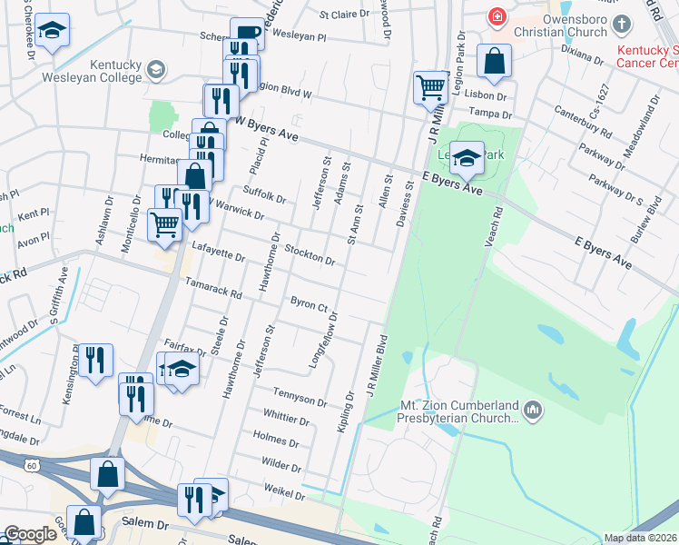 map of restaurants, bars, coffee shops, grocery stores, and more near 3511-3513 Saint Ann Street in Owensboro