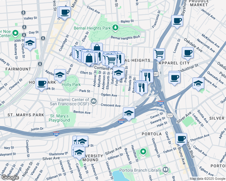 map of restaurants, bars, coffee shops, grocery stores, and more near 547 Gates Street in San Francisco