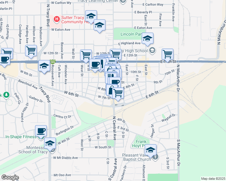 map of restaurants, bars, coffee shops, grocery stores, and more near 801 North Central Avenue in Tracy