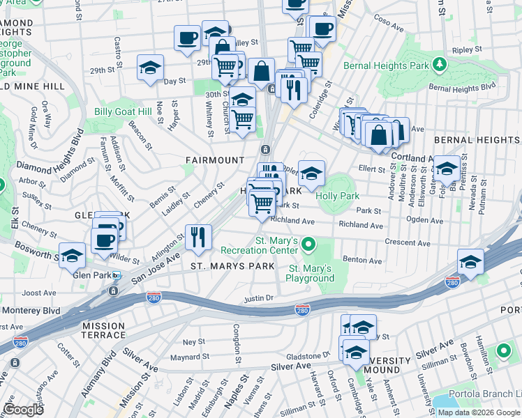 map of restaurants, bars, coffee shops, grocery stores, and more near 3774 Mission Street in San Francisco