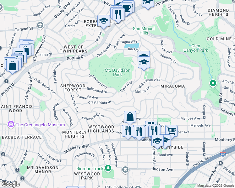 map of restaurants, bars, coffee shops, grocery stores, and more near 13 Dalewood Way in San Francisco