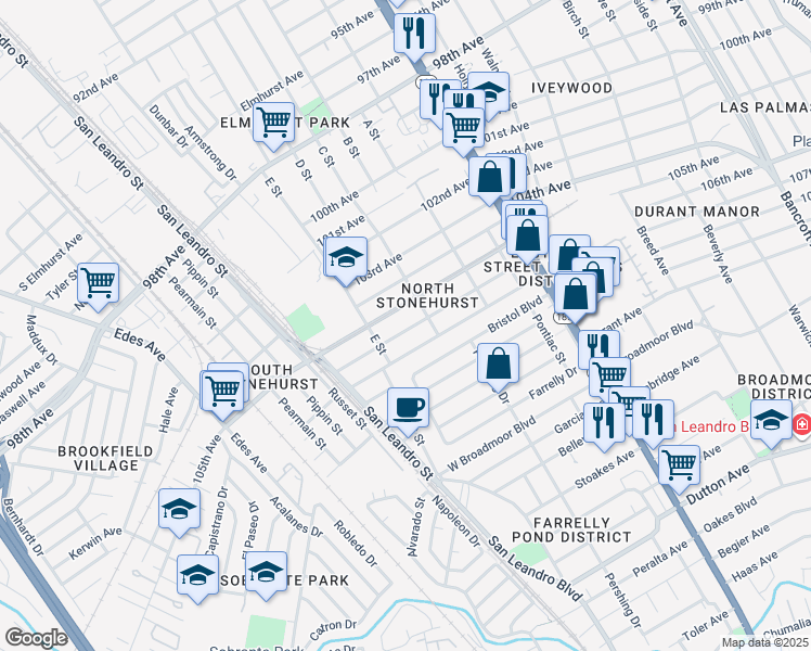 map of restaurants, bars, coffee shops, grocery stores, and more near 1073 106th Avenue in Oakland