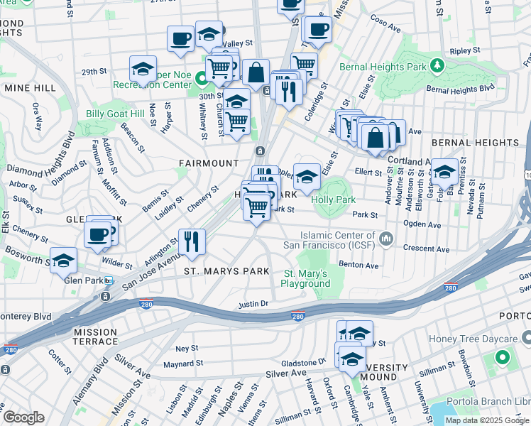 map of restaurants, bars, coffee shops, grocery stores, and more near 3759 Mission Street in San Francisco