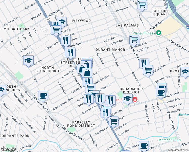 map of restaurants, bars, coffee shops, grocery stores, and more near 10950 East 14th Street in Oakland