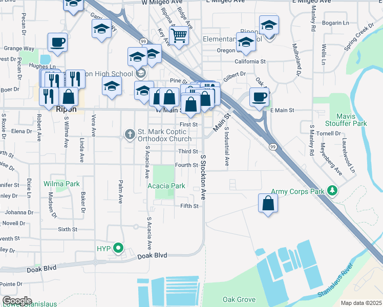 map of restaurants, bars, coffee shops, grocery stores, and more near 139 3rd Street in Ripon