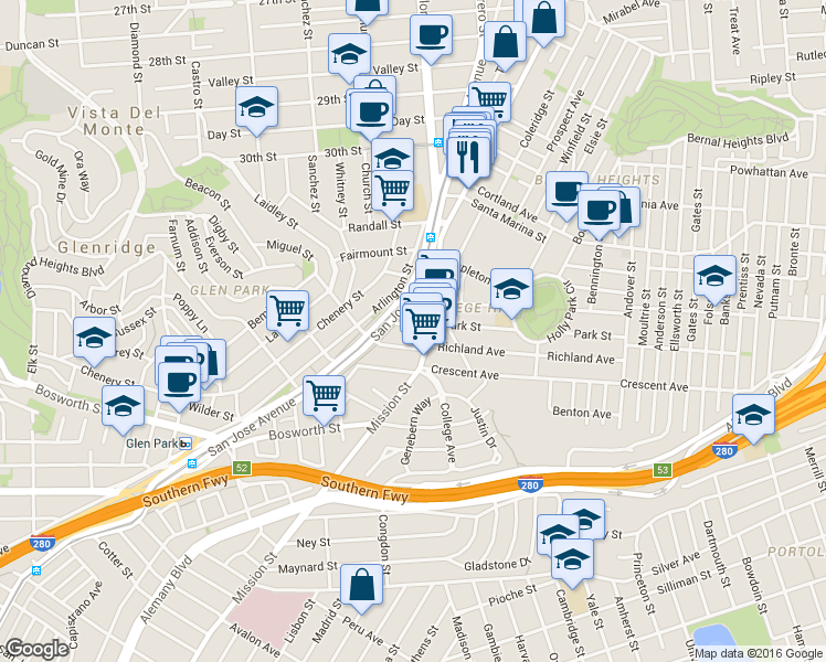 map of restaurants, bars, coffee shops, grocery stores, and more near 3730 V in San Francisco
