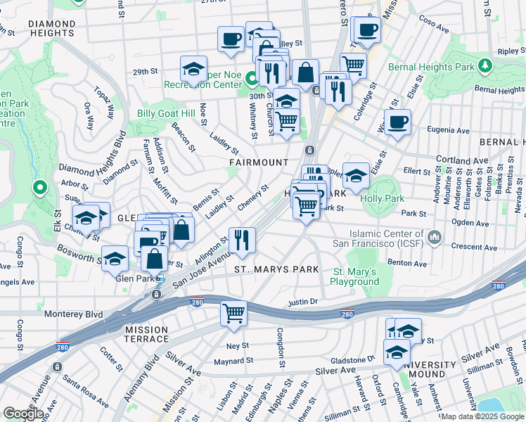 map of restaurants, bars, coffee shops, grocery stores, and more near 286 Arlington Street in San Francisco