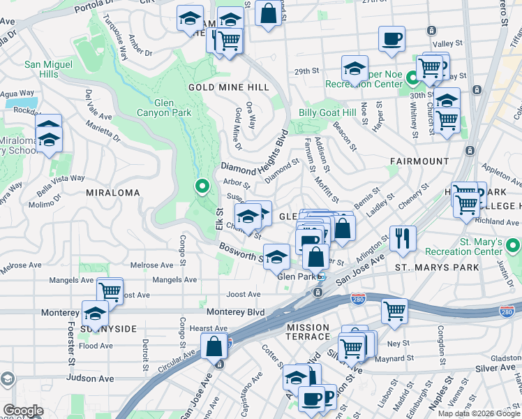 map of restaurants, bars, coffee shops, grocery stores, and more near 175 Arbor Street in San Francisco