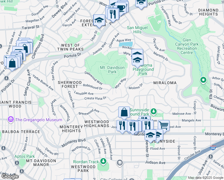 map of restaurants, bars, coffee shops, grocery stores, and more near 13 Dalewood Way in San Francisco