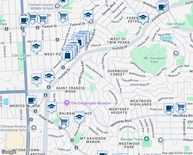 map of restaurants, bars, coffee shops, grocery stores, and more near 107 Yerba Buena Avenue in San Francisco