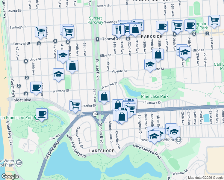 map of restaurants, bars, coffee shops, grocery stores, and more near 2711 34th Avenue in San Francisco