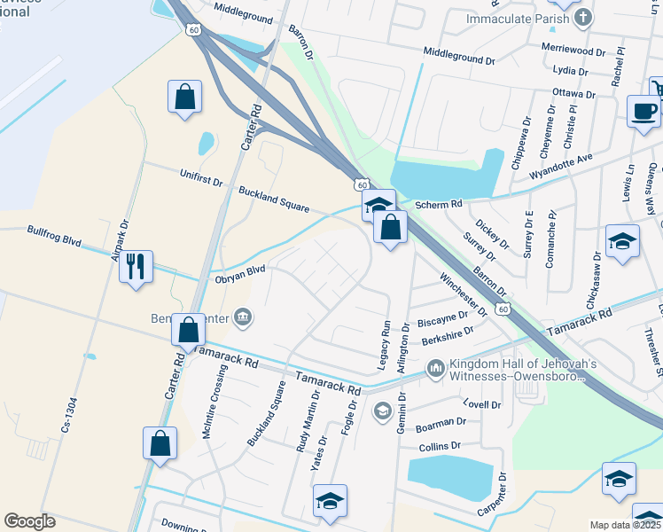 map of restaurants, bars, coffee shops, grocery stores, and more near 3420 Legacy Run in Owensboro