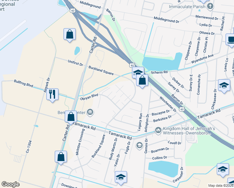 map of restaurants, bars, coffee shops, grocery stores, and more near 3420 Legacy Run in Owensboro