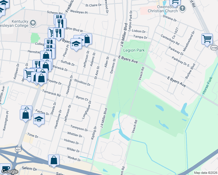 map of restaurants, bars, coffee shops, grocery stores, and more near 3506 Daviess Street in Owensboro