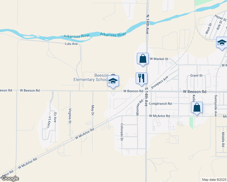 map of restaurants, bars, coffee shops, grocery stores, and more near 1700 West Beeson Road in Dodge City