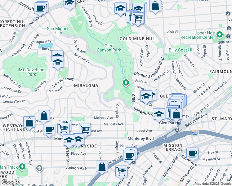 map of restaurants, bars, coffee shops, grocery stores, and more near 1313 Bosworth Street in San Francisco