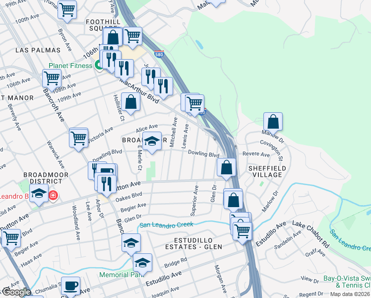 map of restaurants, bars, coffee shops, grocery stores, and more near 494 Lewis Avenue in San Leandro