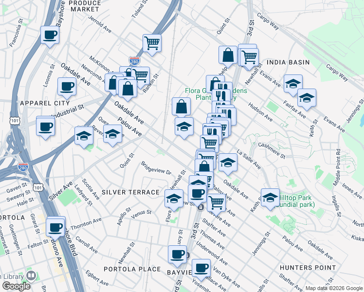 map of restaurants, bars, coffee shops, grocery stores, and more near 1764 Oakdale Avenue in San Francisco