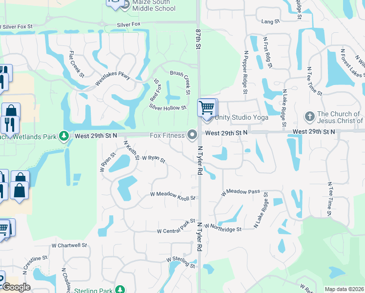 map of restaurants, bars, coffee shops, grocery stores, and more near 8911 West Meadow Park Court in Wichita