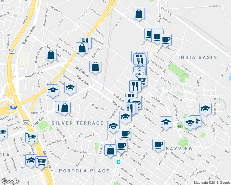 map of restaurants, bars, coffee shops, grocery stores, and more near 1800 Oakdale Avenue in San Francisco
