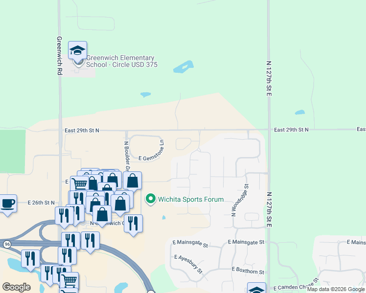 map of restaurants, bars, coffee shops, grocery stores, and more near East 29th Street North in Wichita