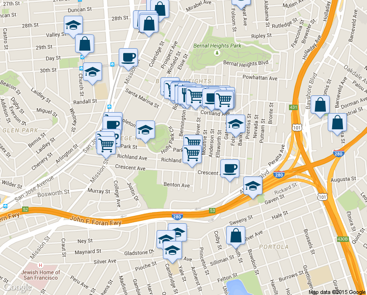 map of restaurants, bars, coffee shops, grocery stores, and more near 355 Park Street in San Francisco