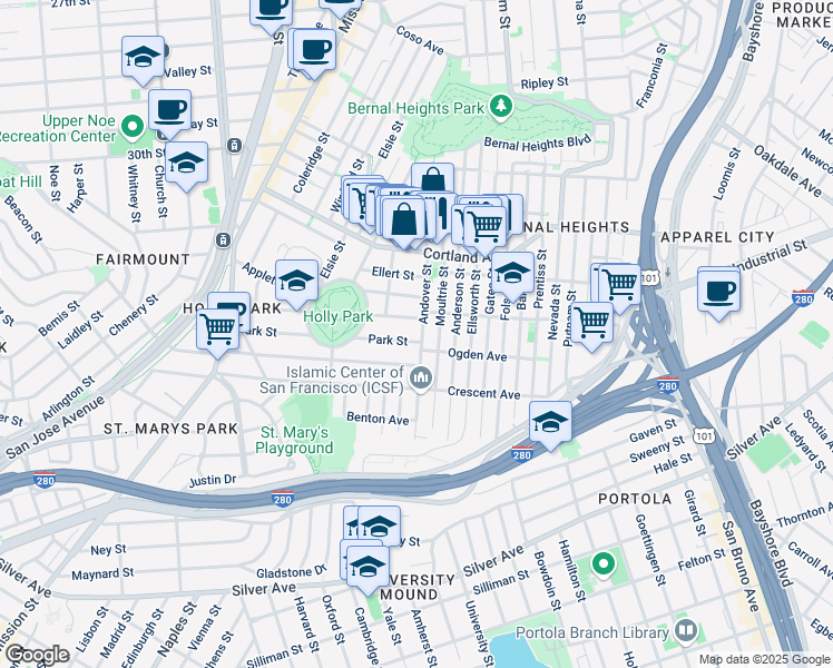map of restaurants, bars, coffee shops, grocery stores, and more near 503 Andover Street in San Francisco