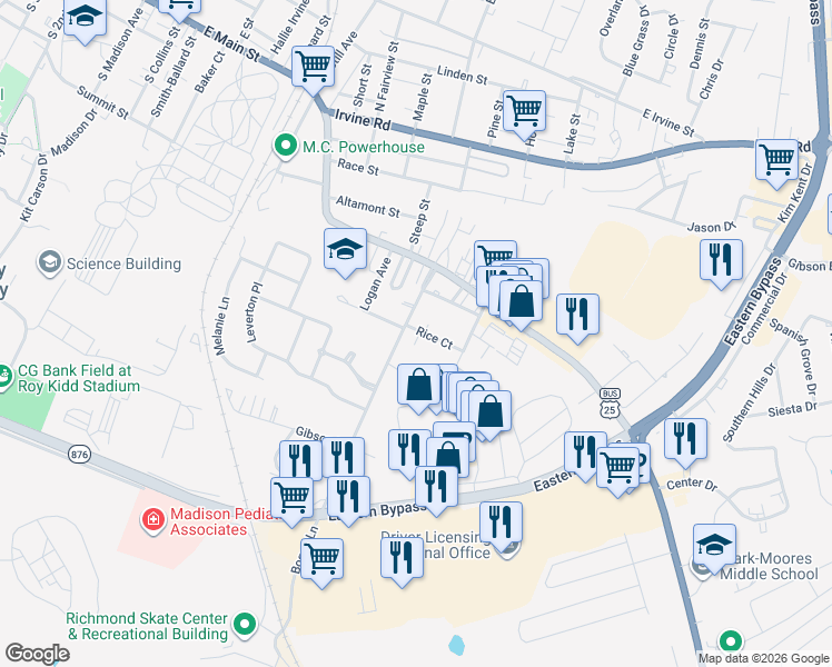 map of restaurants, bars, coffee shops, grocery stores, and more near 102 Rice Court in Richmond