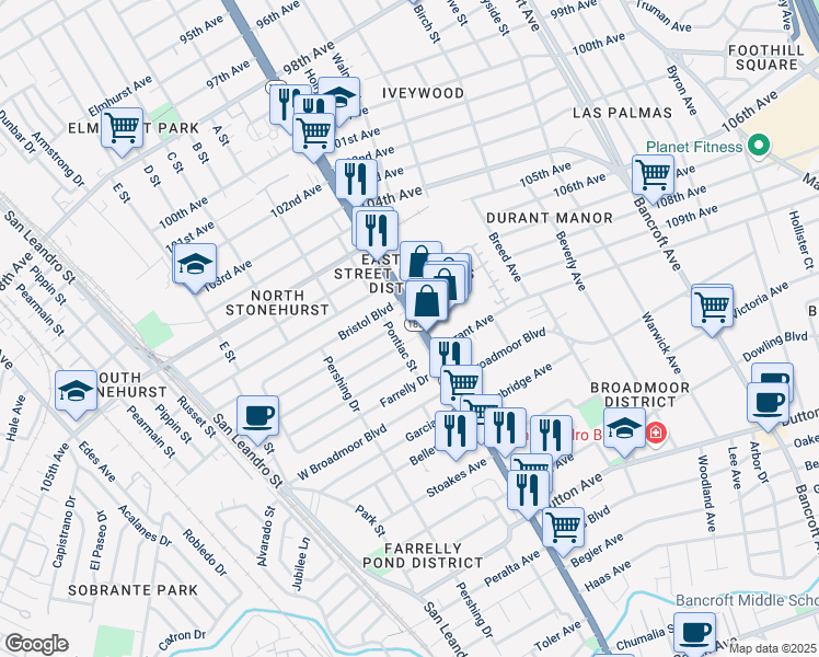 map of restaurants, bars, coffee shops, grocery stores, and more near 10910 East 14th Street in Oakland