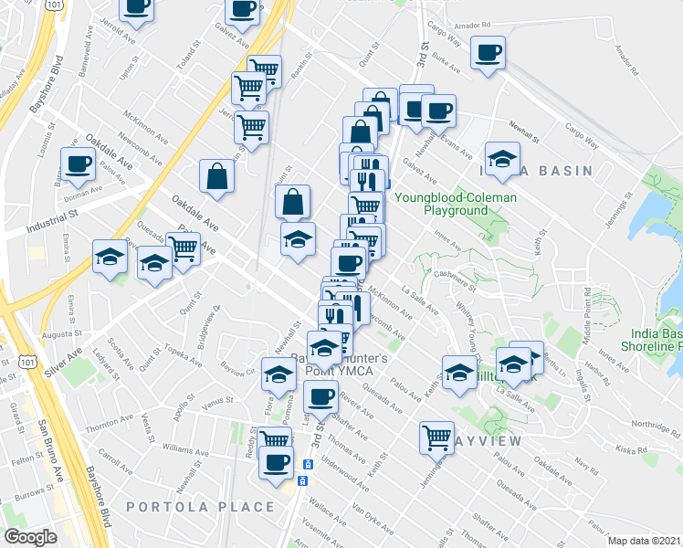 map of restaurants, bars, coffee shops, grocery stores, and more near 1696 McKinnon Avenue in San Francisco
