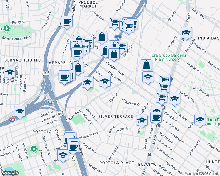 map of restaurants, bars, coffee shops, grocery stores, and more near 2065 Quesada Avenue in San Francisco