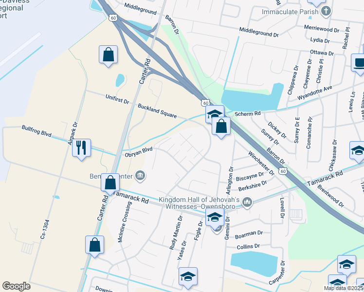 map of restaurants, bars, coffee shops, grocery stores, and more near 3420 Legacy Run in Owensboro