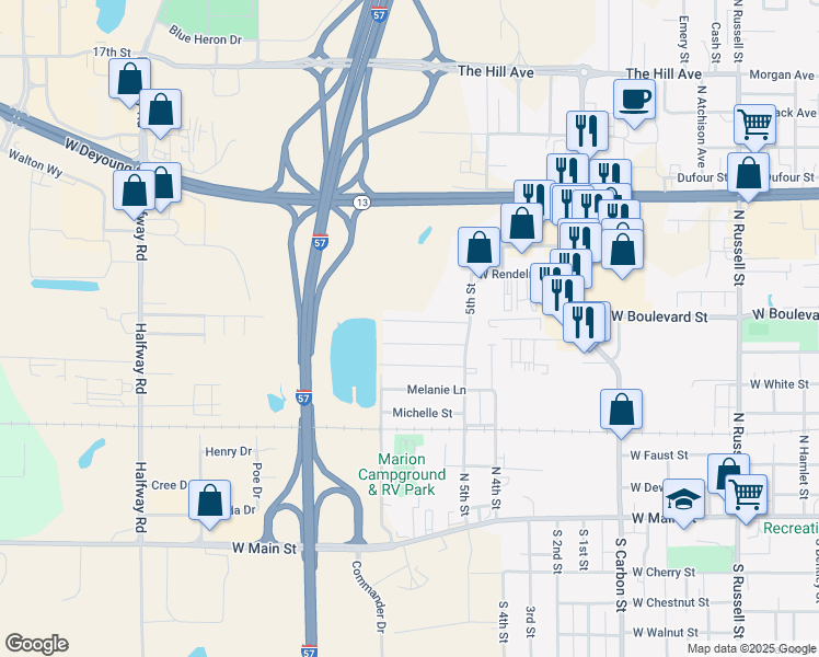 map of restaurants, bars, coffee shops, grocery stores, and more near 2206 Nichole Lane in Marion