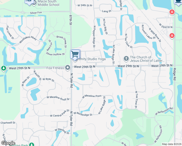 map of restaurants, bars, coffee shops, grocery stores, and more near 2953 Pepper Ridge Court in Wichita