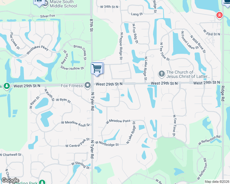 map of restaurants, bars, coffee shops, grocery stores, and more near 2953 Pepper Ridge Court in Wichita