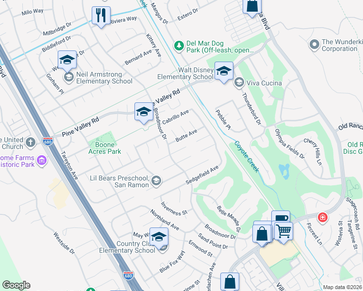 map of restaurants, bars, coffee shops, grocery stores, and more near 642 Filbert Court in San Ramon