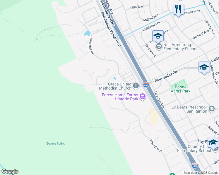 map of restaurants, bars, coffee shops, grocery stores, and more near 20 Pine Valley Place in San Ramon