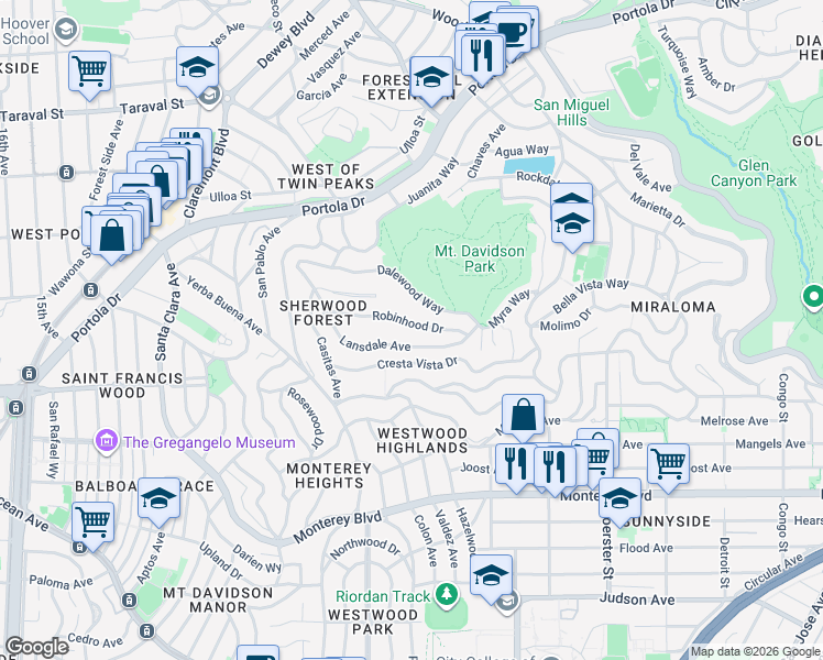 map of restaurants, bars, coffee shops, grocery stores, and more near 105 Robinhood Drive in San Francisco