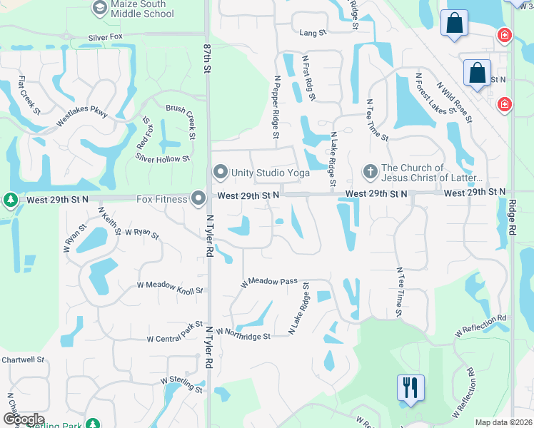 map of restaurants, bars, coffee shops, grocery stores, and more near 2953 Pepper Ridge Court in Wichita