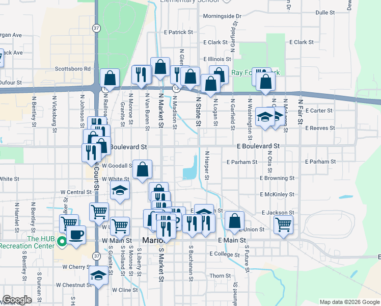 map of restaurants, bars, coffee shops, grocery stores, and more near 211 East Boulevard Street in Marion