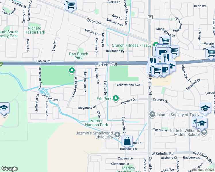 map of restaurants, bars, coffee shops, grocery stores, and more near 830 Saffron Drive in Tracy