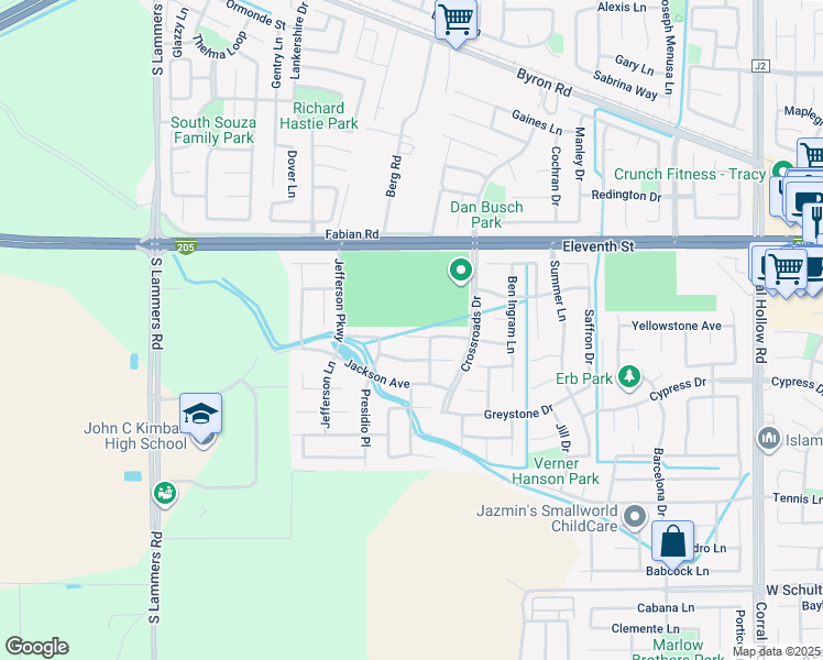 map of restaurants, bars, coffee shops, grocery stores, and more near 2743 Merchant Court in Tracy