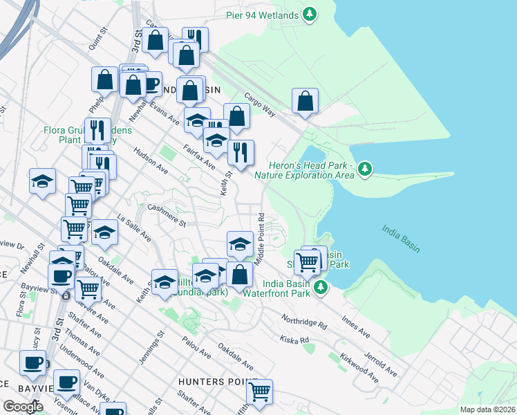 map of restaurants, bars, coffee shops, grocery stores, and more near 58 Middle Point Road in San Francisco