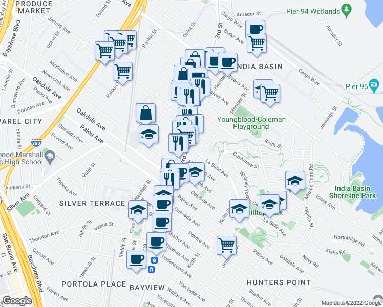 map of restaurants, bars, coffee shops, grocery stores, and more near in San Francisco