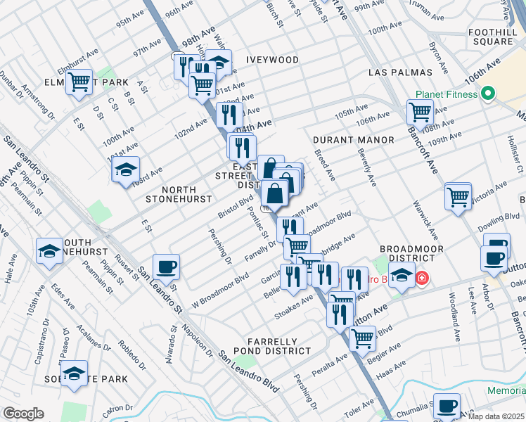map of restaurants, bars, coffee shops, grocery stores, and more near 47 East 14th Street in San Leandro