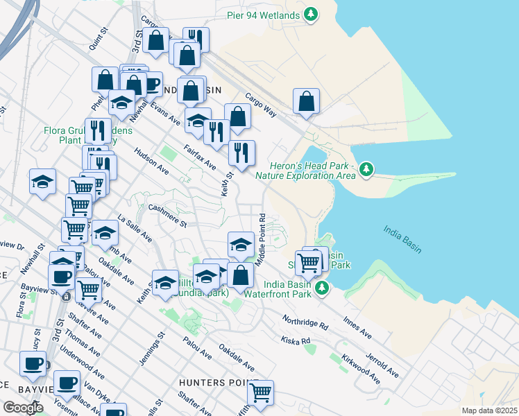 map of restaurants, bars, coffee shops, grocery stores, and more near 58 Middle Point Road in San Francisco