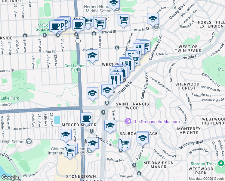 map of restaurants, bars, coffee shops, grocery stores, and more near 15th Ave & W Portal Ave in San Francisco